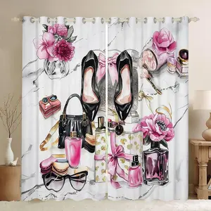 Pink Blackout Curtains Cute Flower Girly Window Curtains Bow Coquette Sweet Window Treatments Modern Magazine Silver High Heel Girls Women Makeup Romantic Fantasy Room Decor,summervibes