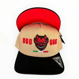 La CHAMUKIZA Hat with Red Brim, Beige Front Panel, and "DOD 666" Graphic Design