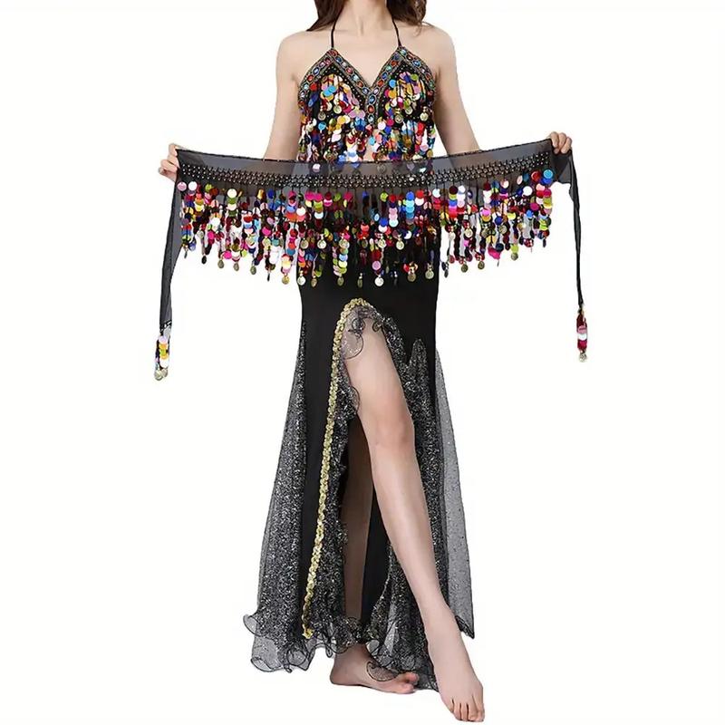 Women's Belly Dance Costume Set with Sequin Top & Mesh Skirt - Hand Washable Stage Performance Outfit with Hip Scarf & Belly Dance Pants-like Fit |   Shimmering Dance Dress for Belly Dancing, Raqs Sharqi, Middle Eastern Performances |   Comfortable & Dura