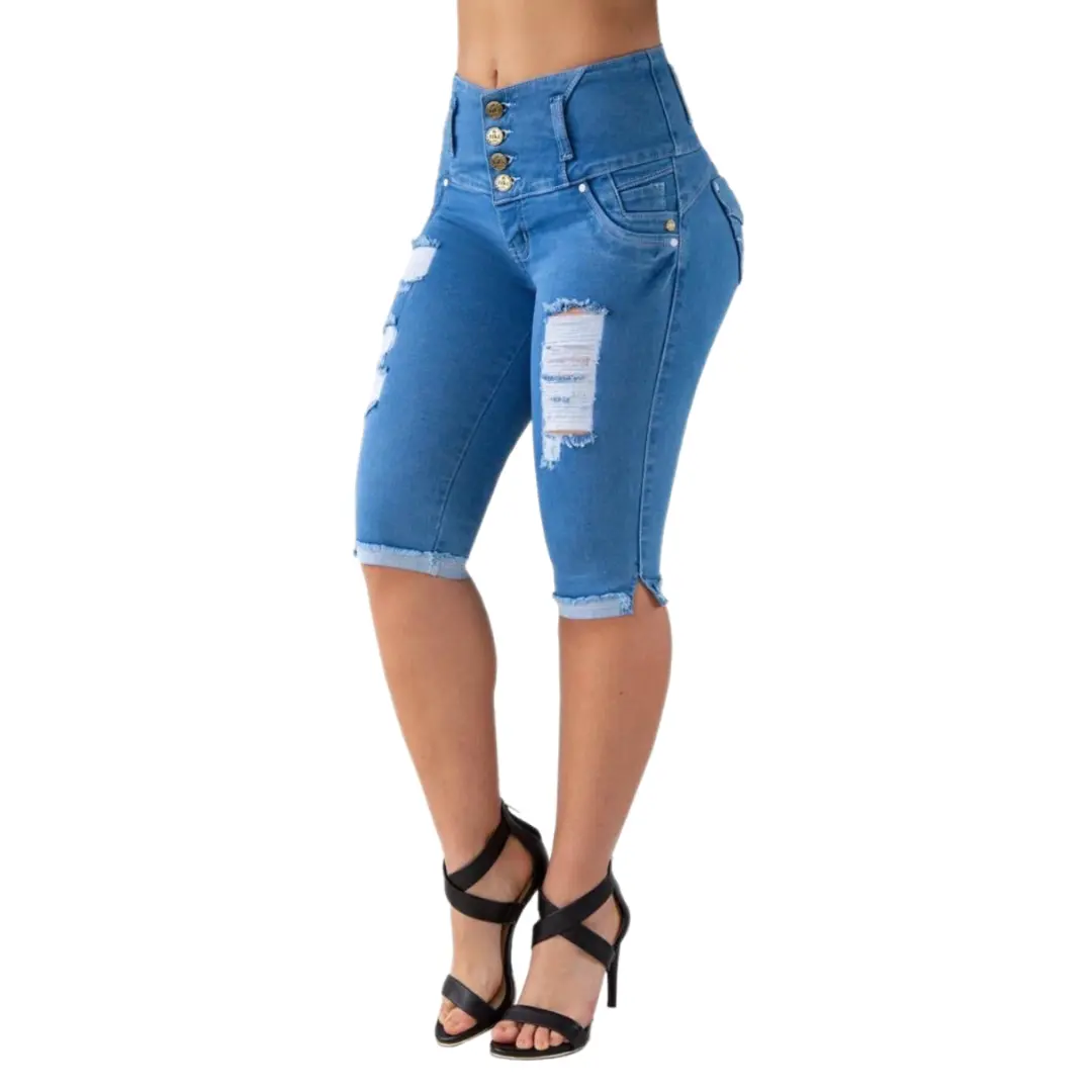Women's High-Waist Slim Denim Butt-Lifting Capri Pants - Stretchy Fabric, Button-Accent, Distressed, Blue, Heart-Embellished, Pockets, Comfortable, Lightweight Bottom, Flattering Fit TK405