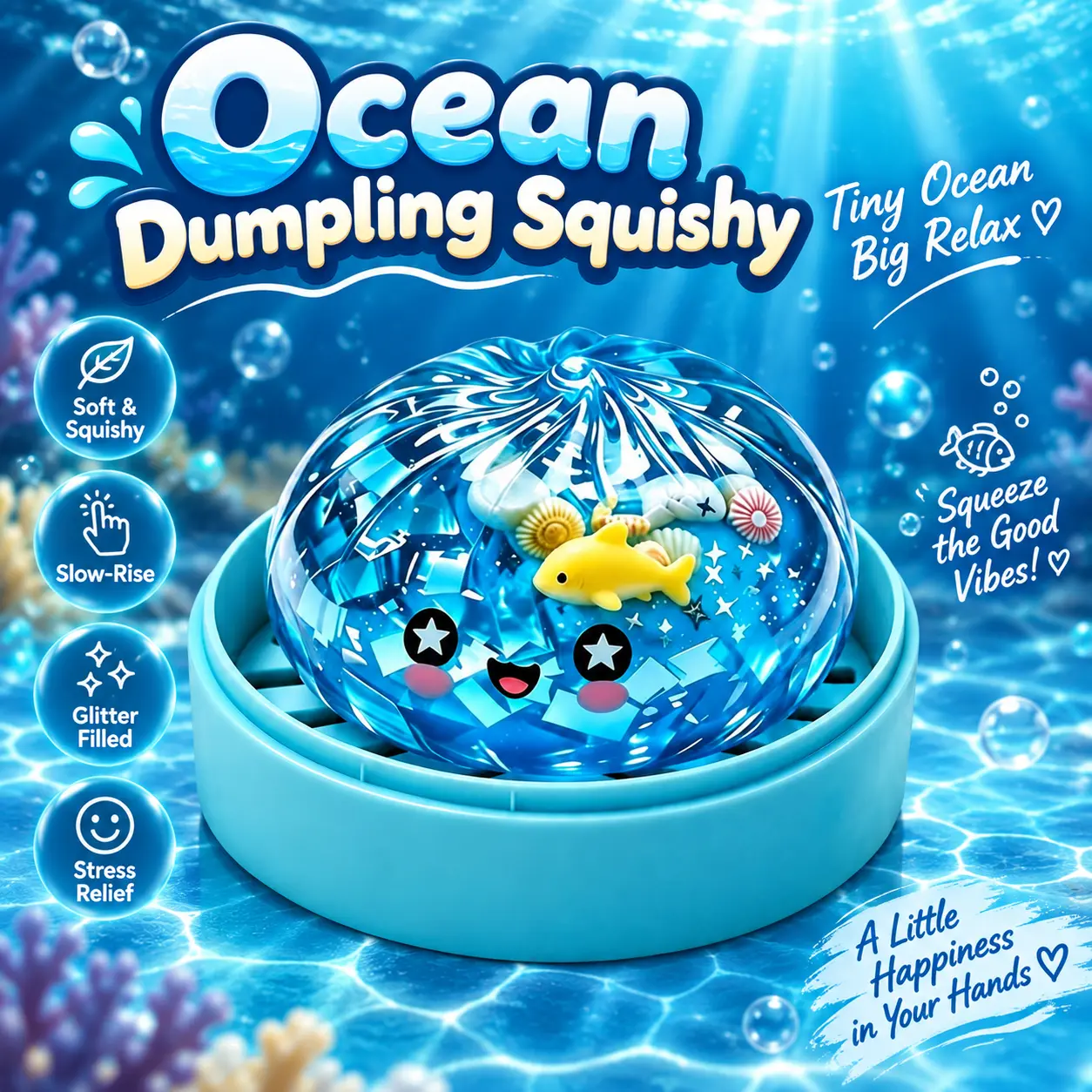 Ocean Theme Plastic Deep Sea Crystal Cabin Dumpling Squishy Toy - Blue Unisex Sensory Squeeze Fidget Toy with Yellow Fish, Seashells, Aqua Steamer Base, Kawaii Stress Ball Gift for Groovy Play, Unboxing Fun Box Tongle glitter