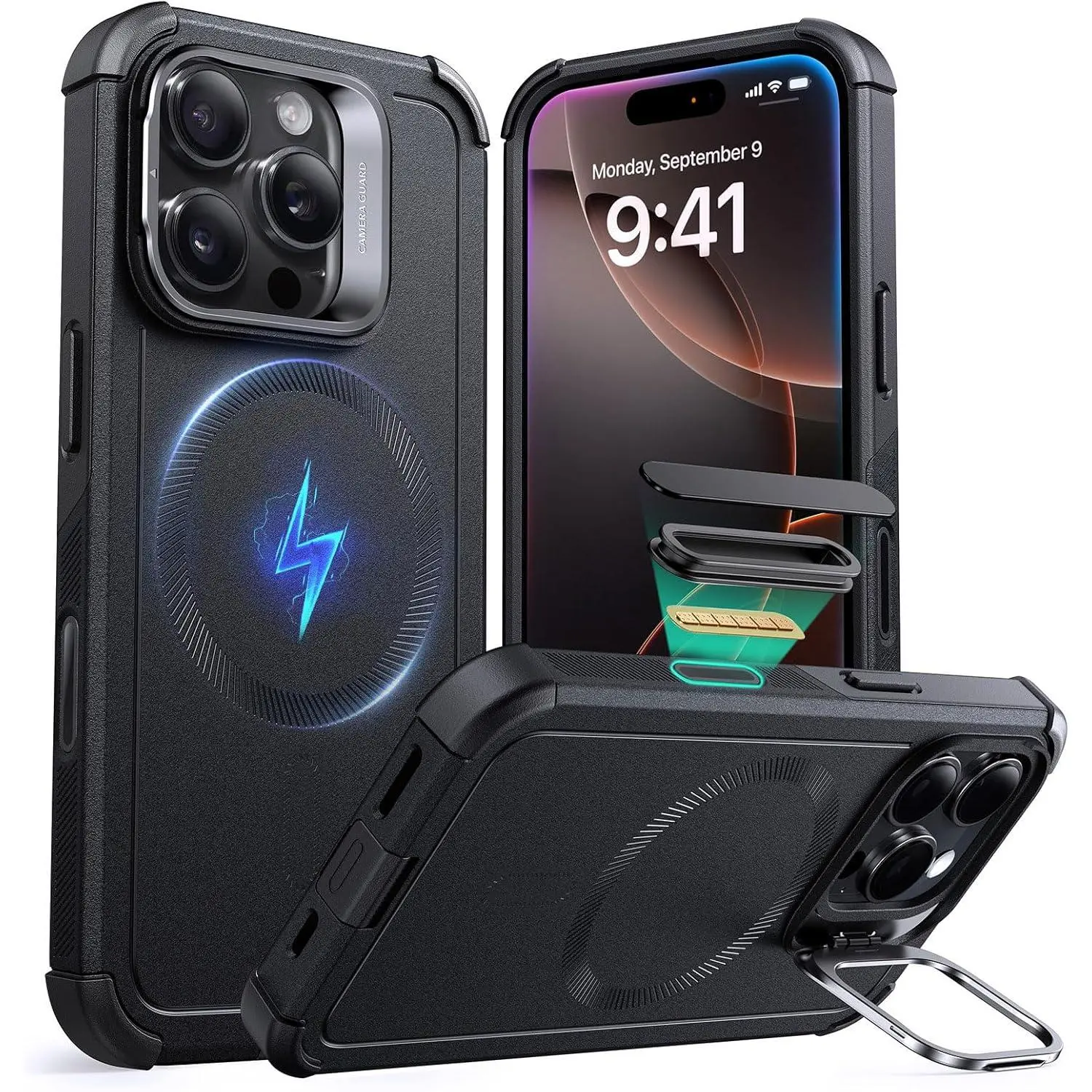 ESR Magnetic Cyber Series Shockproof Case for iPhone 16 Pro Max - Black, Stash Stand, Camera Control, 23FT Military-Grade Drop Protection, MagSafe-Compatible, Infused with Contemporary Art, Photorealism, Hyperrealism, Expressionism, Ethnic