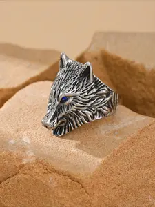 1pc Stainless Steel Inlaid Cubic Zirconia Eyes Retro Gothic Wolf Head Pattern Men's Ring Summer Accessory Stainless Steel Rings