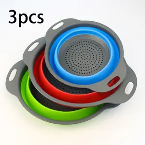 3-piece foldable colander set, stackable kitchen filters, space-saving folding drainers for washing fruits and vegetables, easy-to-clean household draining baskets. Available in green, red, and blue (2 large and 1 small)
