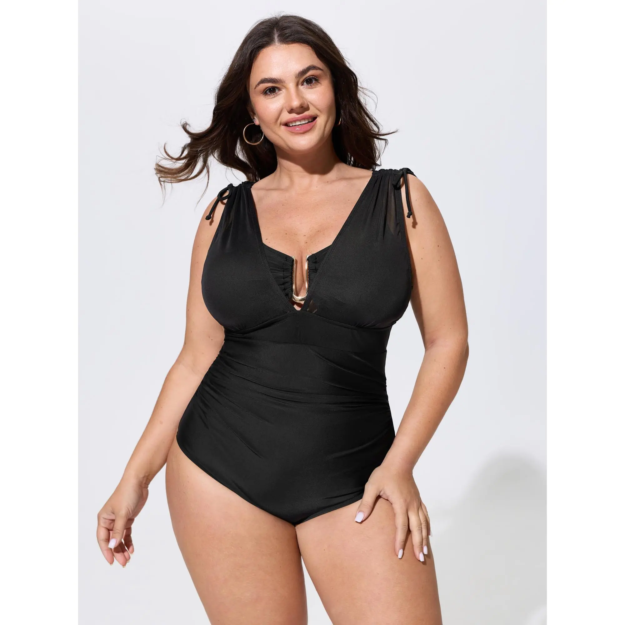 BLOOMCHIC Plus Size Adjustable Shoulder-Tie Ruched One-Piece Swim [M-6X]