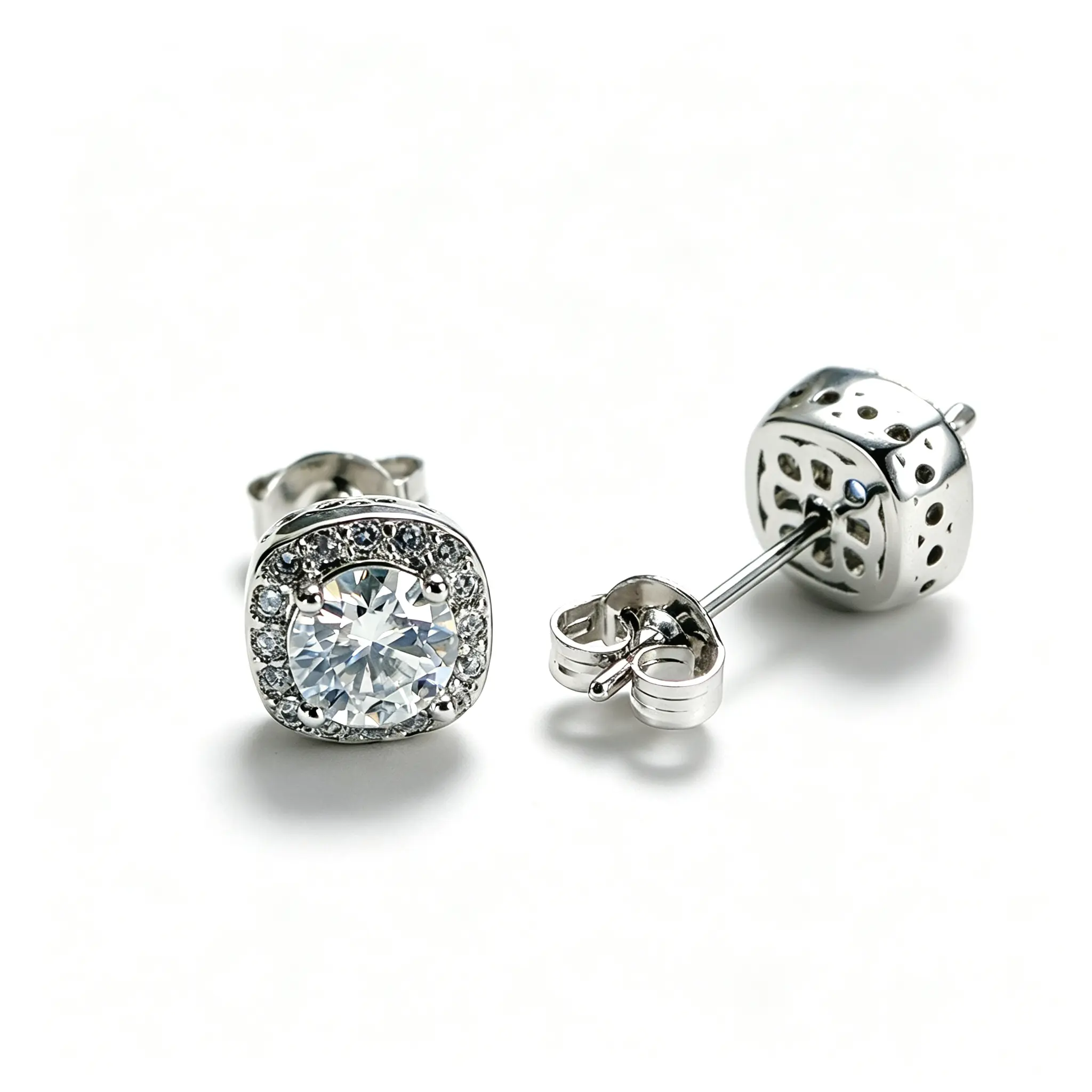 Women's Minimalist EA1008 Cushion Halo Stud Earrings, 1ctw D Color Moissanite Gemstone in Square Frame, Rhodium-Plated Anti-Tarnish, Hypoallergenic Lightweight for Adults' Daily Wear & Wedding Gifting