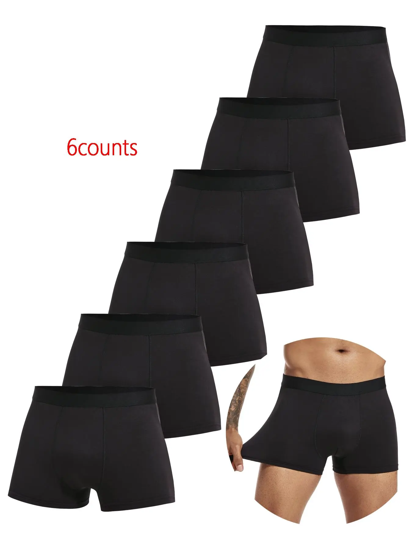 6pieces pack Black Plain Classic Fitted Boxer Shorts Men Underwear Casual Comfy Underwear Soft Breathable Fabric Briefs Male Underpants for Men Homme Boxershorts Slips Briefs 2024 Panties