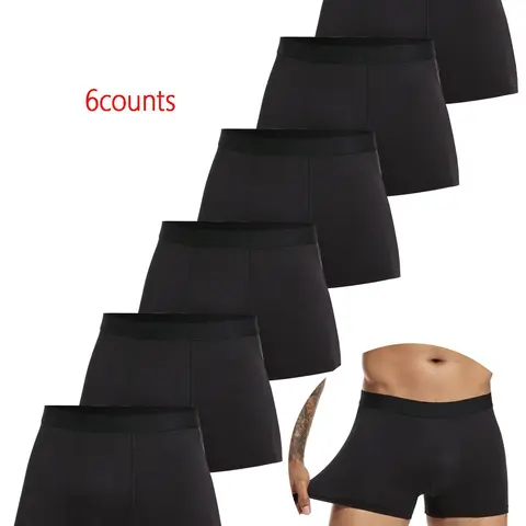 6pieces pack Black Plain Classic Fitted Boxer Shorts Men Underwear Soft Breathable Fabric Briefs Male Underpants for Men Homme Boxershorts Slips Briefs 2024 Panties Casual Style Underwear