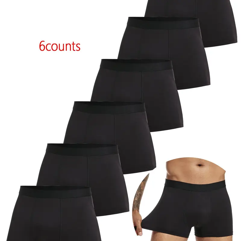 6pieces pack Black Plain Classic Fitted Boxer Shorts Men Underwear Soft Breathable Fabric Briefs Male Underpants for Men Homme Boxershorts Slips Briefs 2024 Panties Casual Style Underwear