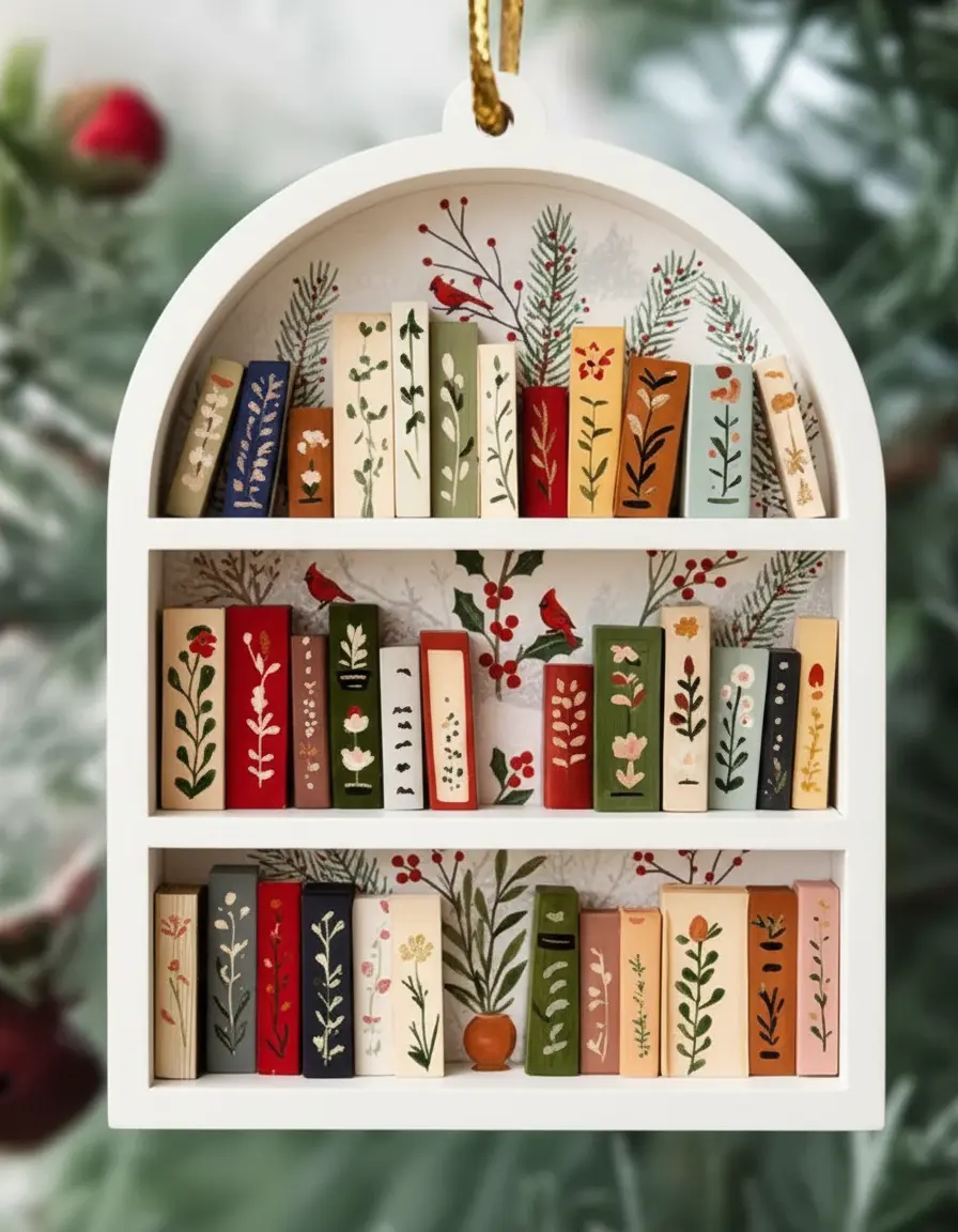 Winter Literary Ornament for Book Lovers White Wooden Bookshelf with Christmas Greenery and Red Birds Holiday Reading Nook Deco