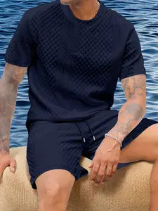 Men's Summer Casual Knit Textured T-Shirt + Fashion Drawstring Shorts Set, Multiple Colors Available, Outdoor Travel, Sports Fitness, Leisure Wear