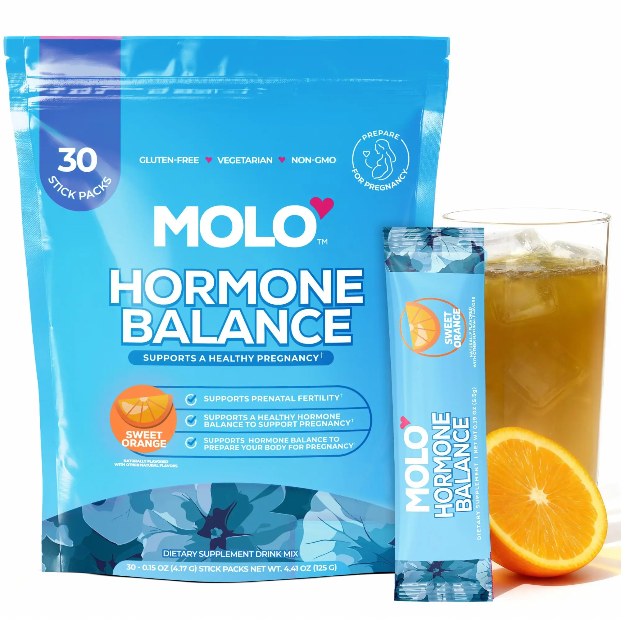 MOLO Hormone Balance for Women-ALA to Support Cycle Regulation, Magnesium & Zinc for Mood Support, Hormone Balance and Regulation-30 Stick Packs Sweet Orange Flavor, Non GMO Gluten Free Vegetarian