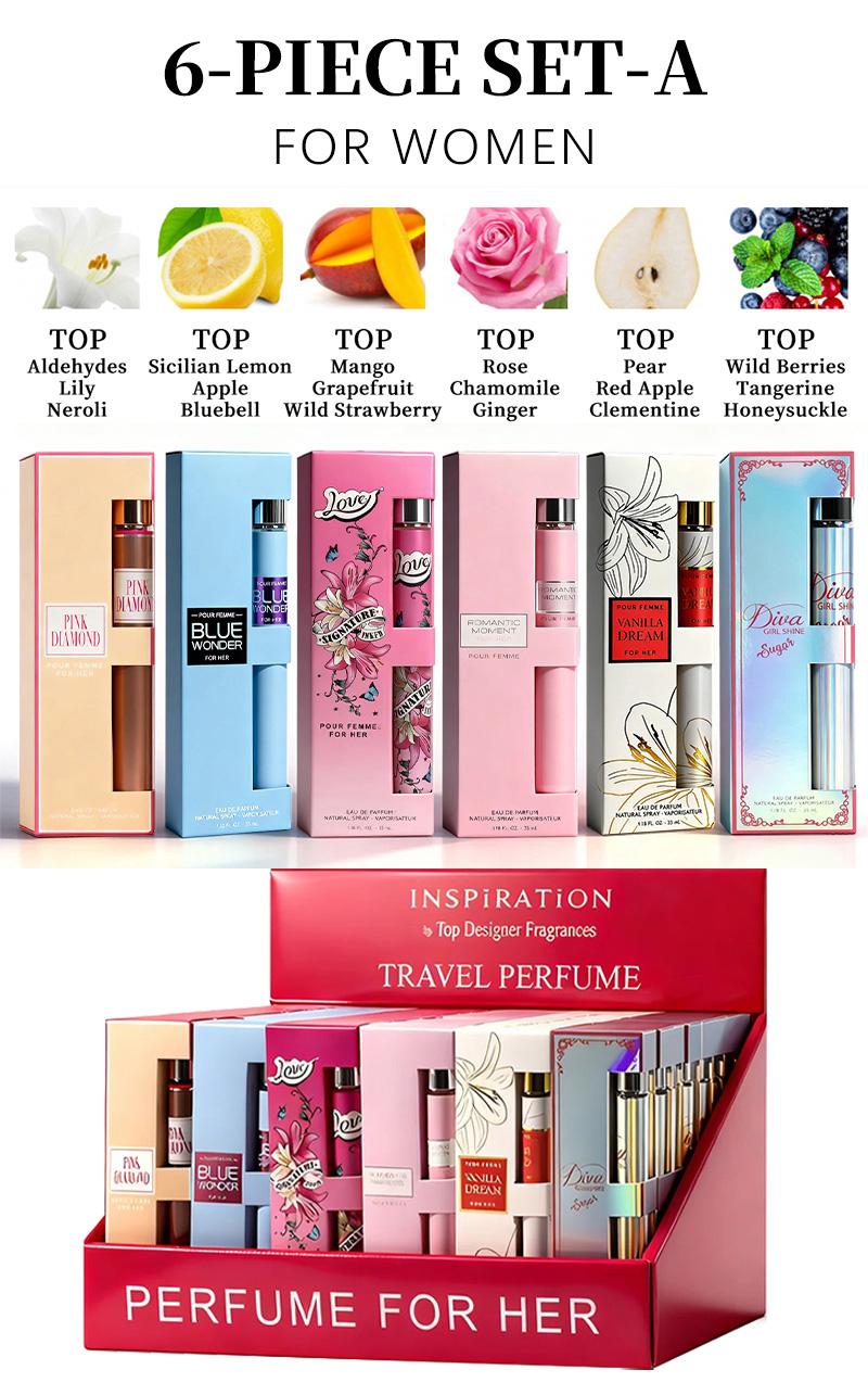 6-Piece Set Women's Eau De Parfuma Fragrance Spray, Travel Size Perfume, Long-Lasting , 6 Different Scents, Perfect For Dating, Daily Life, Parties,Gift Giving, 1.18 fl oz/35 ml Each Bottle