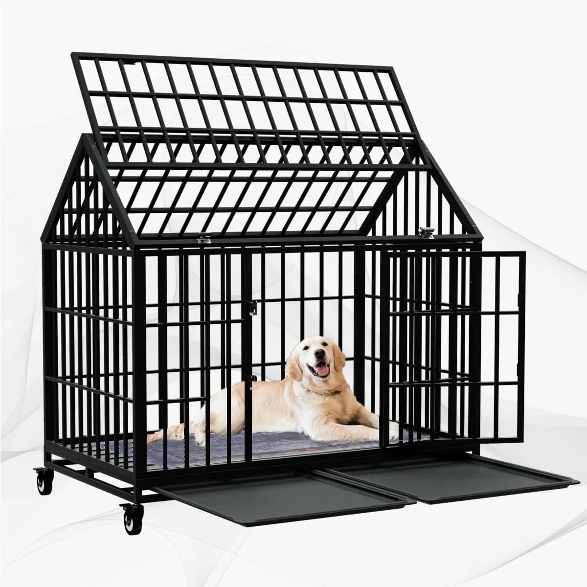 48" Heavy Duty Dog Crate Large Dog cage Strong Metal Dog Kennels and Crates for Large Dogs Top Open with 2 Doors 4 Lockable Wheels 2 Removable Trays