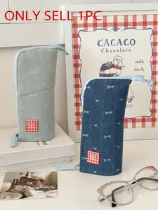 2026Denim Bow Embroidery Standing Pencil Case, Cute Korean Style Pen Bag, Foldable Large Capacity Stationery Organizer for Students, Multi-Use Storage Pouch