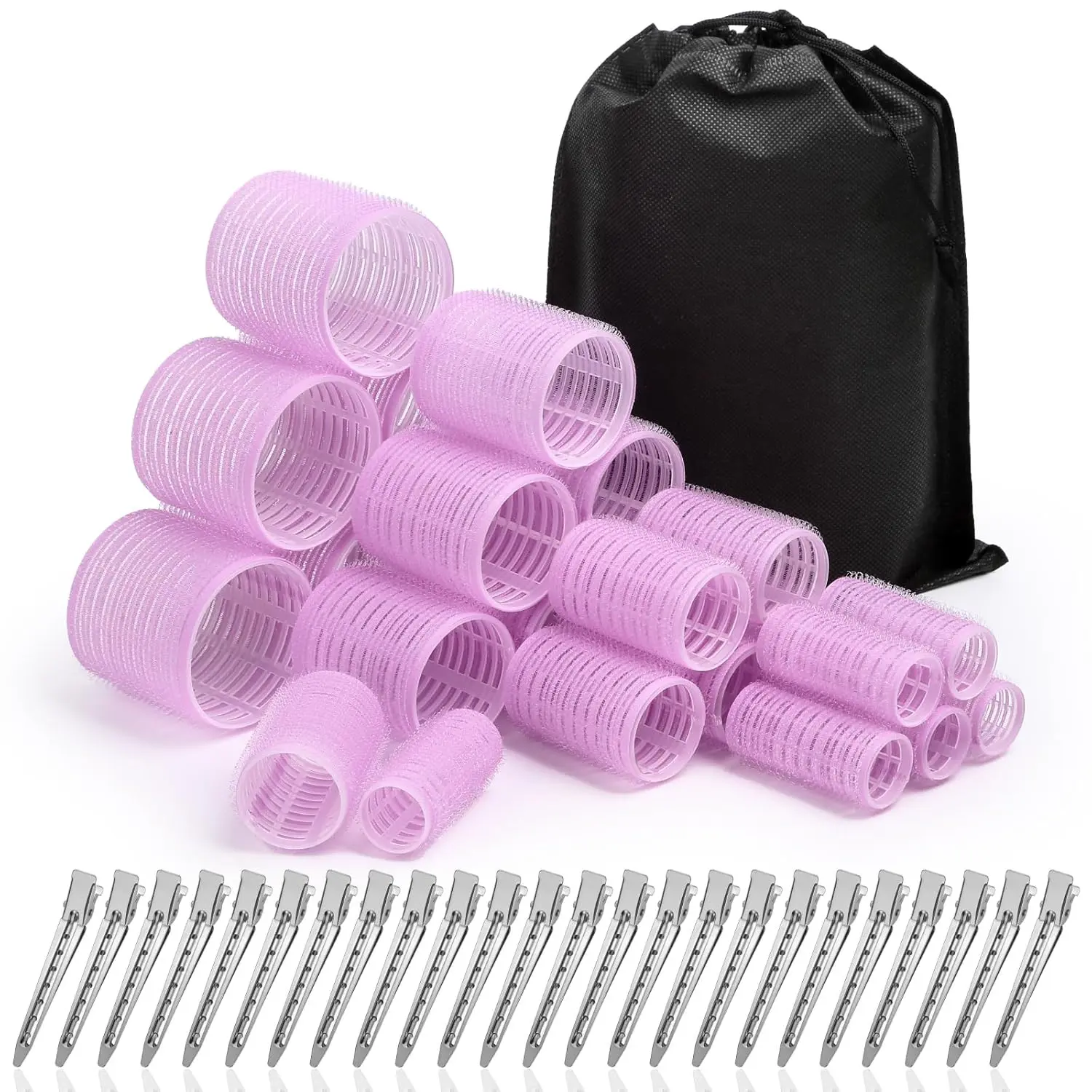 Rollers Hair Curlers Set of 48 with 24 Curlers (6 , 6 Large, 6 Medium, 6 Small) and 24 Clips for Long, Medium, Short Hair (Purple)