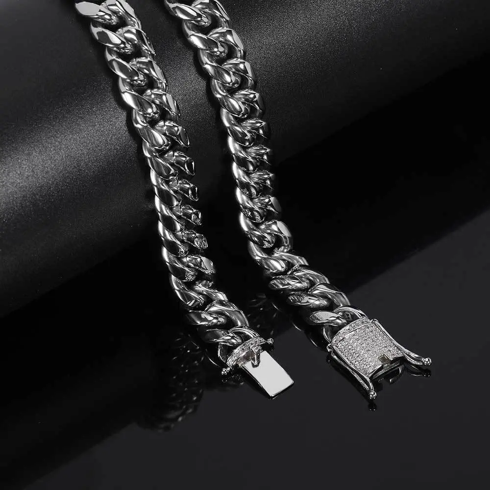Titan Iced Out Cuban Link Chain - 14mm Stainless Steel Men's Necklace, Casual Streetwear Artificial Gemstone Jewelry Accessory