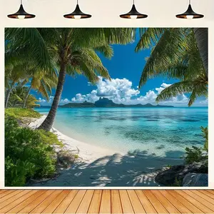 2D Flat Banner Polyester Photography Backdrop, HD digitally printed soft lightweight foldable background cloth, tropical beach scene with palm trees, clear blue ocean, white sand, and mountains, for studio, portraits, product phot