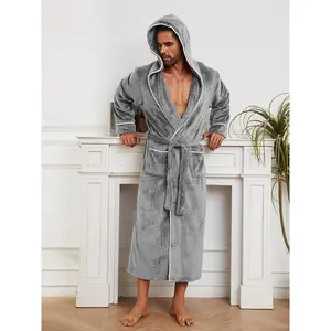 1pc Luxurious Plush Fleece Bathrobe - Cozy Thick Double-Layer Hooded Lounge Wear with Pockets, Machine Washable, Ideal for Autumn/Winter Comfort Long Sleeve Fashion Men's Cotton Flannel Robe Loungewear Menswear Nightwear Beige Cas