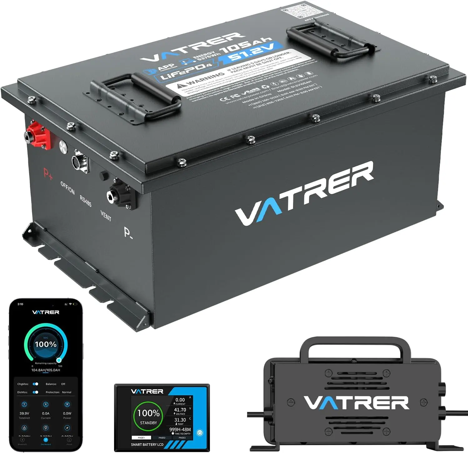 VATRER POWER 48V 105Ah Lithium Golf Cart Battery, UL2271 Listed, Built-in 200A Smart BMS, Touch Monitor & Mobile APP, 4000+ Cycles, Max 10.24kW Output Lithium Replacement Battery for Golf Carts