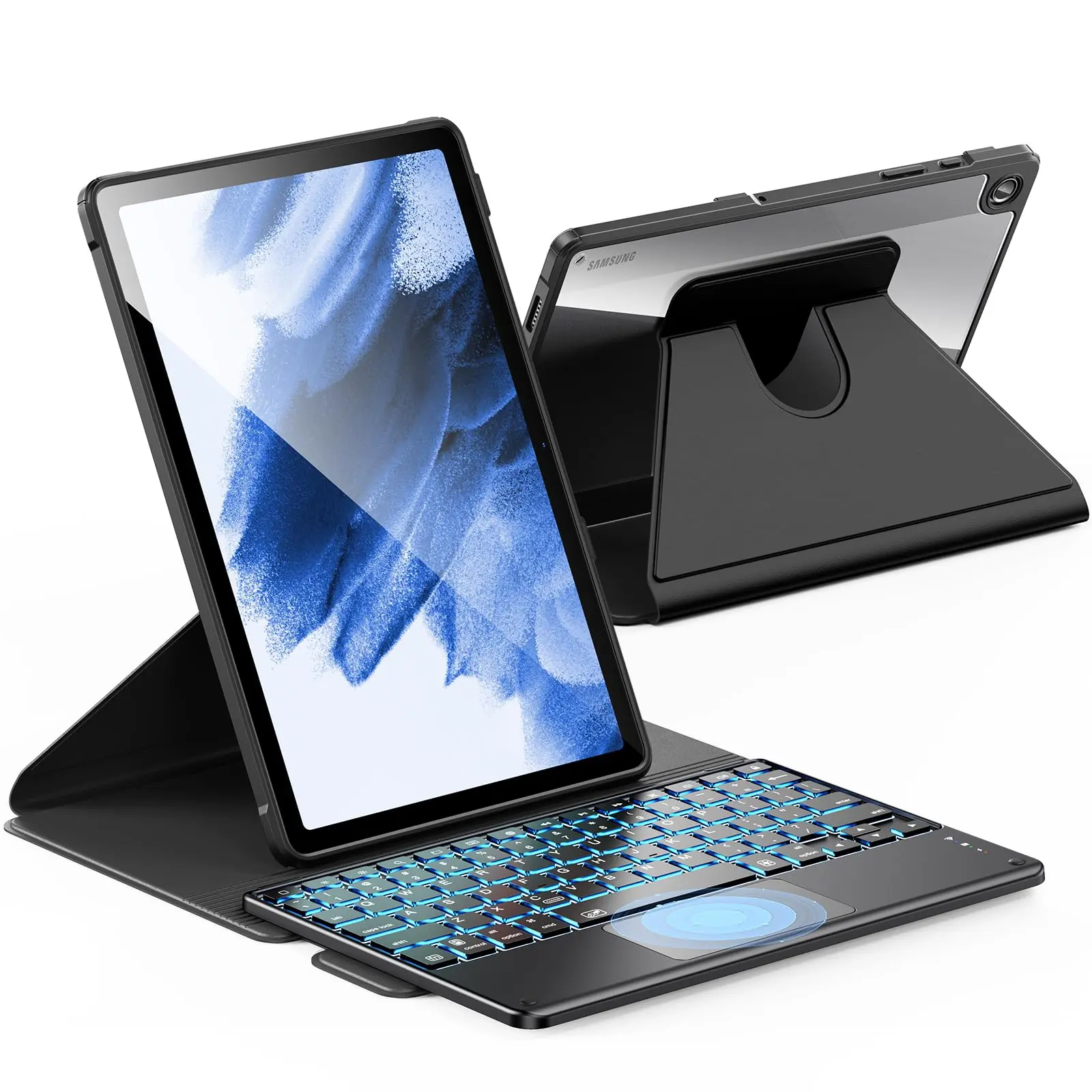 INFILAND Tablet Case with Detachable Wireless Keyboard for Samsung Galaxy Tab A9 Plus 5G (11 in, 2023) - High-Precision Trackpad, 7-Color Backlight, 360-Degree Rotating, Adjustable Landscape Accessories