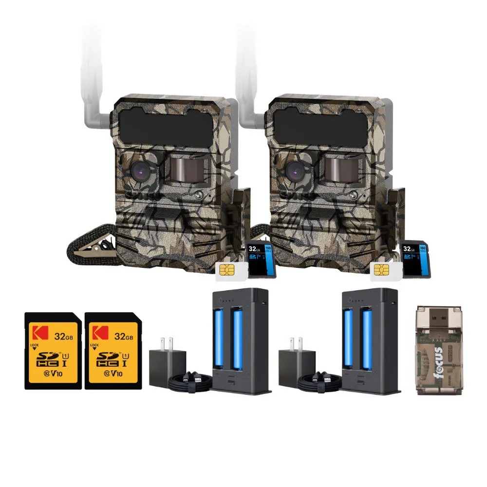 4G LTE Cellular Trail Camera Bundle, Camo Wide Lens with 1080p Video and No-Glow Night Vision, IP66 Waterproof Polycarbonate Body - Includes Battery Pack, Wall Charger, and SIM Card, Sd
