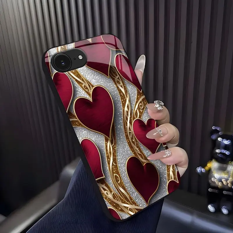 Luxurious romantic heart case for iPhone 16e, elegant gold trim love pattern cover, best gift for her, anniversary, aesthetic phone accessory — 975
