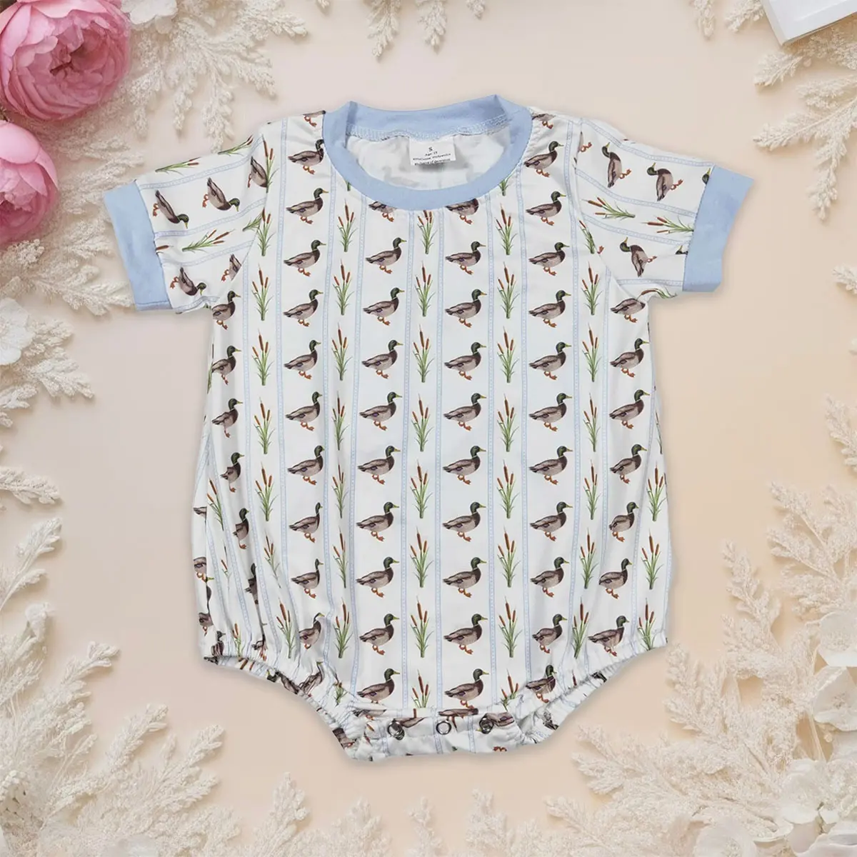 Baby Boys' Mallard Duck Print Bodysuit, Short-Sleeve Cotton-Blend Bubble Romper with Snap Crotch, Fun Themed Casual Summer Outfit, Bodysuit Clothes, Fun Themed Bodysuits
