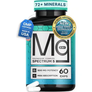 5 Magnesium Complex for Women and Men - Patented 5X Absorption Technology - 500mg Glycinate, Citrate, Malate with 72 Trace Minerals - Supports Deep Sleep, Leg Cramp Relief, and Calm - Non-Laxative Formula Supplement