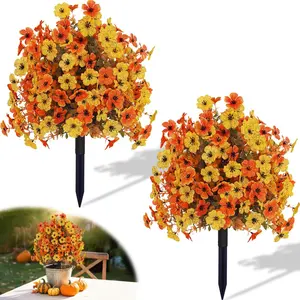 Outdoor Fall Faux Artificial Flowers - 2 Pack Topiary Flower Balls with Ground Stakes, UV Resistant Orange and Yellow Fake Flower Bushes for Porch, Garden and Thanksgiving Decoration