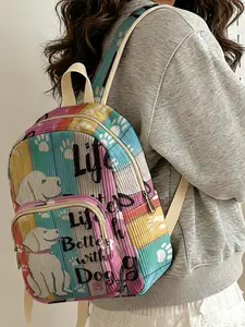 Women's Dog Pattern Backpack, Lifewithdog 2D Print, Velvet Texture, Layered Storage, Casual Style, All Seasons, School & Shopping
