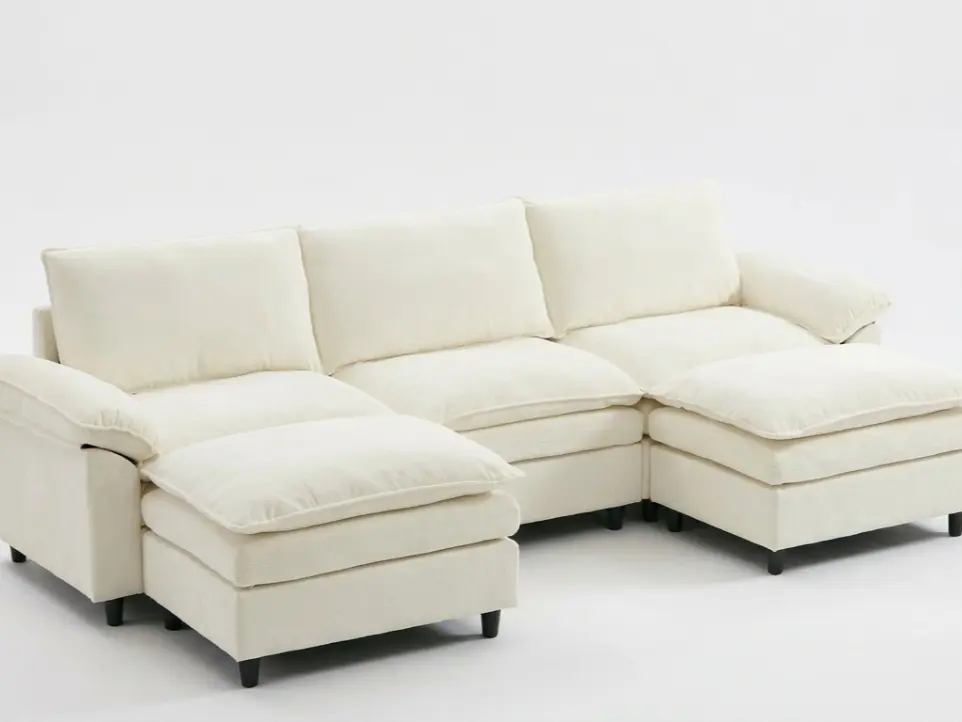 HIPIHOM Boneless Sectional Sofa - Minimalist 3-Seater U-Shaped Modular Couch with Fixed Arms, 2 Movable Ottomans, Sturdy Sponge-Filled Comfort, Breathable Chenille Fabric, Clean Look Indoor Living Room Furniture for Watch Parties (B)