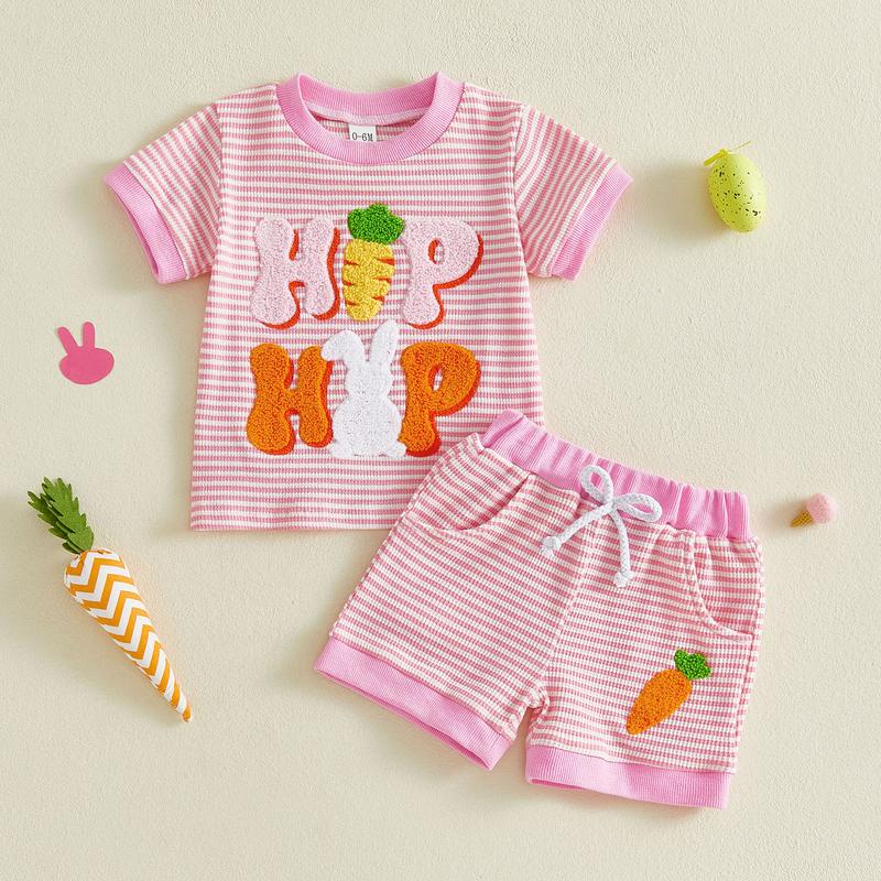 Toddler Baby Little Girl Easter Shorts Set Short Sleeve Carrot Bunny Letter Embroidery T-Shirt and Shorts Outfits 0-3 Years