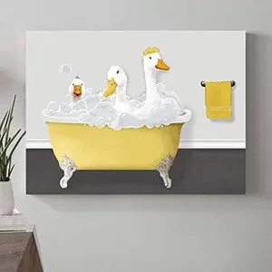 "Three Goose" Funny Bathroom Wall Art Animal Duck Canvas Print Yellow Gray Bathroom Decor
