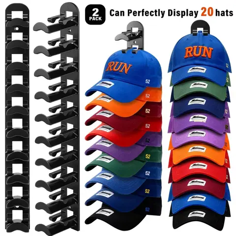 2-Pack Wall-Mounted Hat Rack - Decor Shelves Space Saver, Strong Adhesive/Nail Installation, Holds Up to 20 Caps, Easy Reach for Daily Use, Suitable for Closet Doors & Bedrooms, Hat Organizer