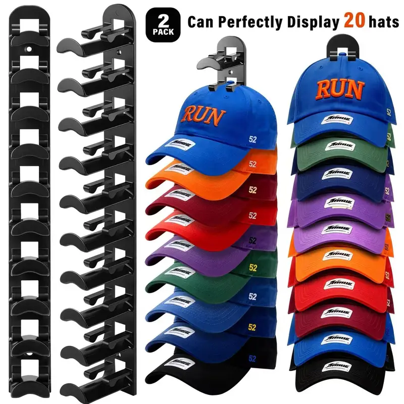 2-Pack Wall-Mounted Hat Rack - Decor Shelves Space Saver, Strong Adhesive/Nail Installation, Holds Up to 20 Caps, Easy Reach for Daily Use, Suitable for Closet Doors & Bedrooms, Hat Organizer