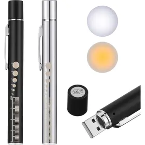 Pen Light, Reusable LED Penlight for Students Doctors Nurses with 2 LED Sources, USB Rechargeable, Extra Warm Light Bulb, Pocket Clip(Black, Silver,2 Pieces)