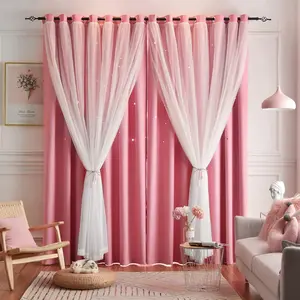 Elegant Star-Shaped Hollow Double-Layer Blackout Curtains 2PC with Top Grommets for Girls' Bedrooms Semi-Blackout Effect Jacquard Craft Design Machine Washable Polyester Fiber