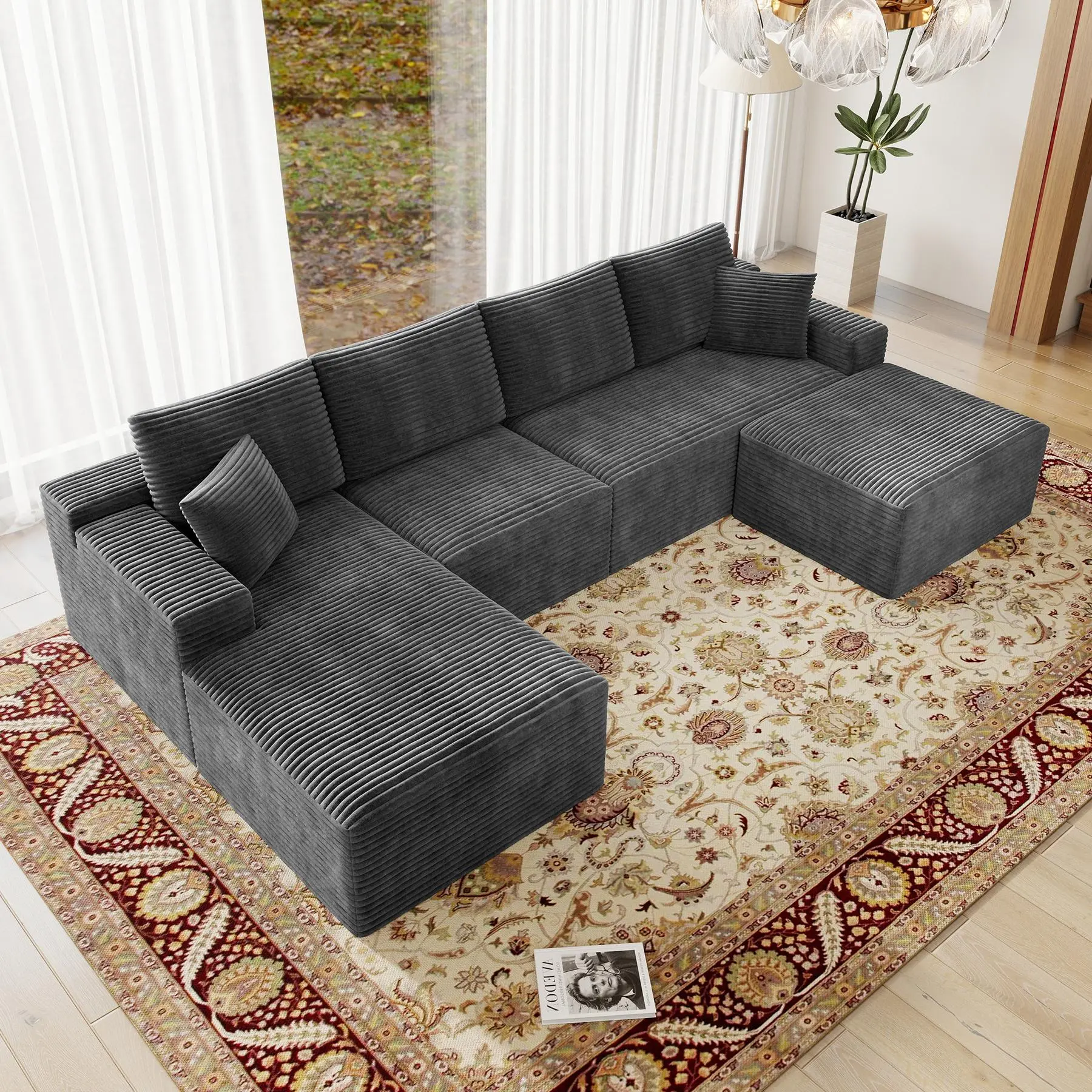 GREY-131.9"L-shaped Left Facing Chaise with ottom