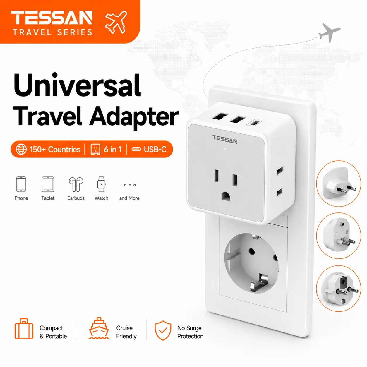 【TESSAN All European Travel Plug Adapter Kit】Universal International Charger with 3 Outlets + 3 USB Ports (USB-C), Detachable EU Power Adapter for Italy France Spain Germany Greece UK Ireland