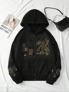 Women's Drawstring Zipper Cardigan with Pockets, Feather Star & Letter Print, Fall & Winter Comfortable Warm Sweatshirt