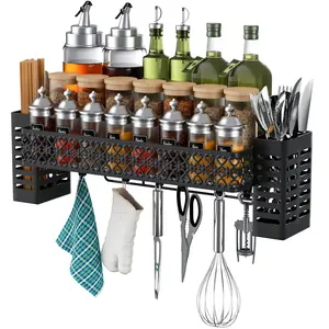 Hanging Spice Rack, Wall Mounted Spice Organizer, Over Stove Spice Shelf, Kitchen Utensil Holder, Spice Storage Rack, Kitchen Wall Shelf, Multi Hook Organizer, Black Kitchen Rack, Cabinet Spice Organizer, Space Saving Kitchen Shelf.