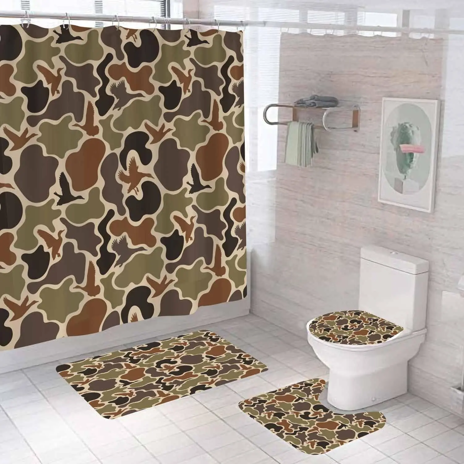 4PCS Retro Vintage Print Shower Curtain & Flannel Rugs Set - Black-Orange, Waterproof Polyester, Washable, Easy-Cleaning, Forest Woodland Mallard Duck Hunting Rustic Green Bathroom Home Decor, Wall Mounted, Shower Curtains, Fabric