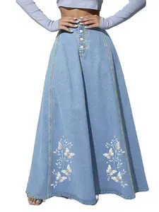 Tozamil embroidered long flowy denim skirt for women, high waist A line maxi jean skirt for all seasons