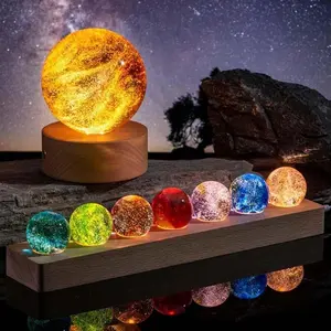 7 Chakra Crystal Balls Set with LED Wooden Base, 40mm Ice Cracked Glass Spheres Night Light, Healing Chakra Decor for Meditation, Home Decor, Valentines Gifts , Party for Her