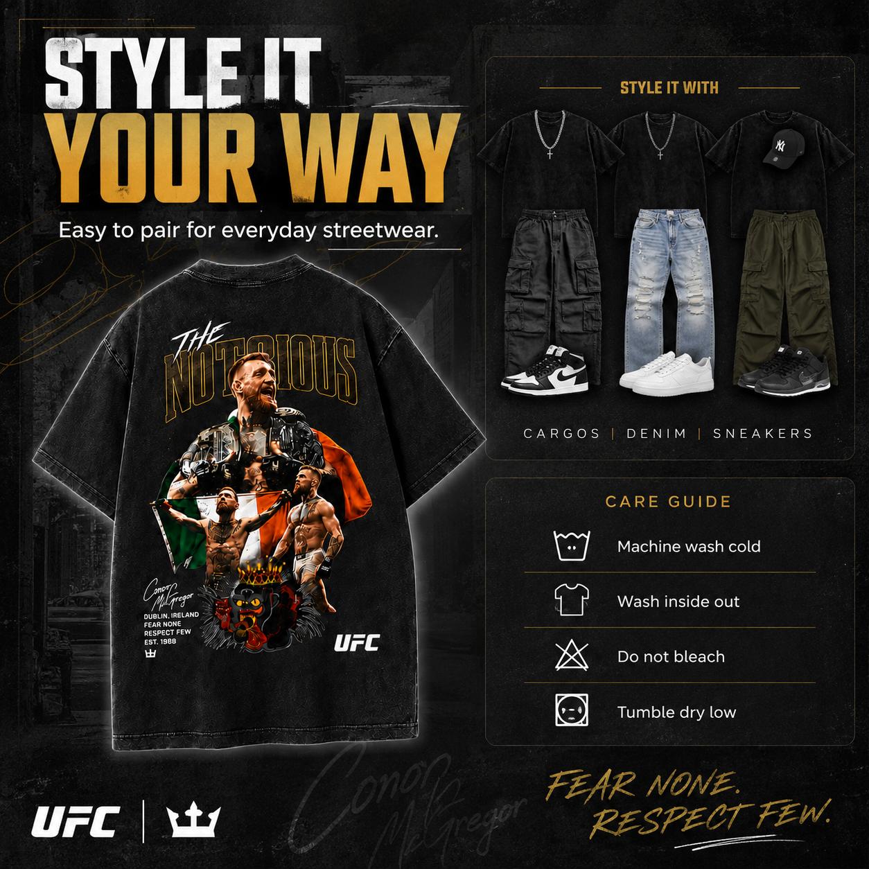 Men's UFC 329 Black Conor McGregor Cotton Graphic Tee - The Notorious MMA Shirt, Men's Shirts Graphic Tee, Cool Gifts for Guys, Valentine's Day Gift, Regular Fit, Grunge Sports Apparel, Dry Clean Only