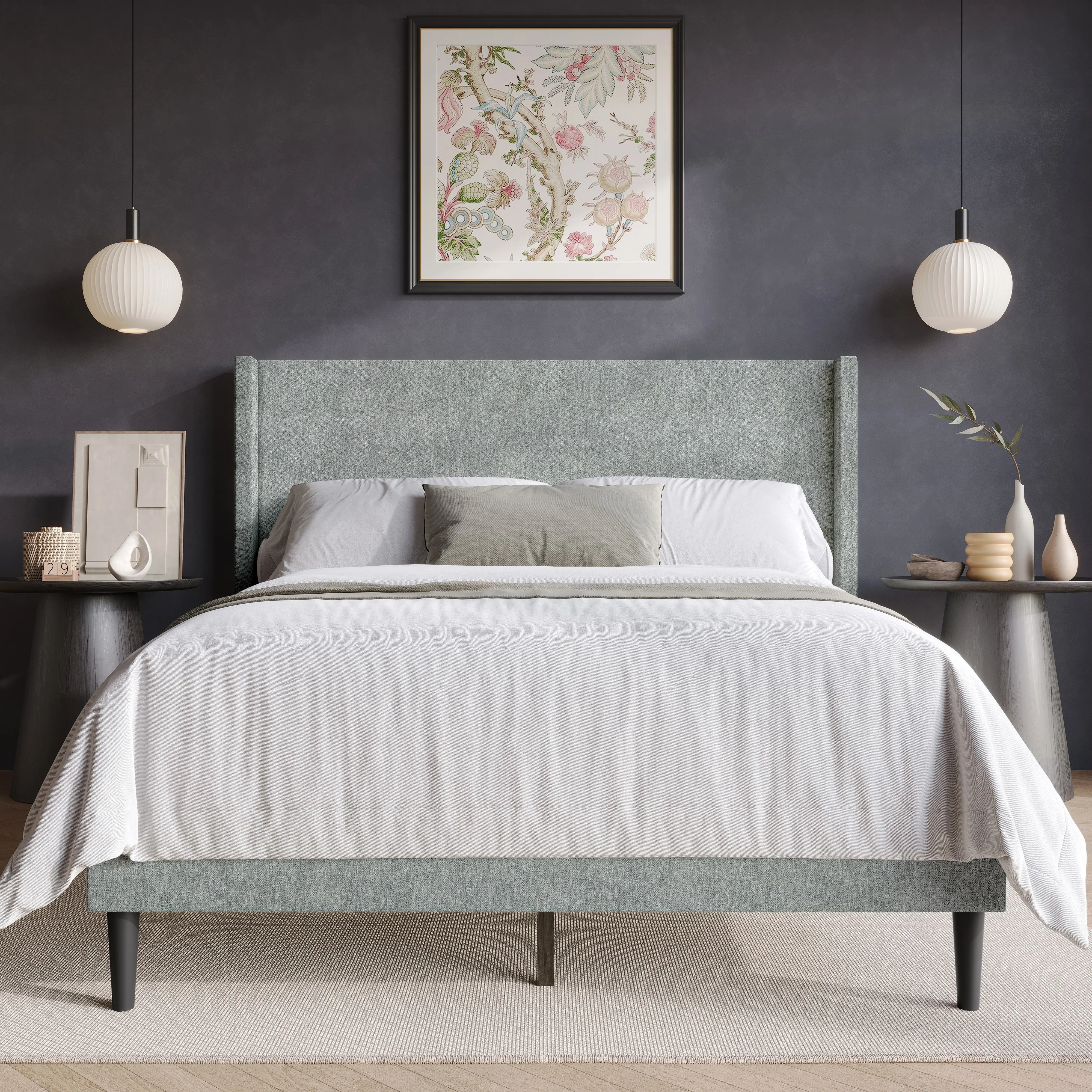 Favorer Bangor Linen Wingback Platform Bed - Double/King Sizes, Sturdy Solid Wood Frame, Wingback Upholstered Headboard, Formaldehyde-Methanol Free, No Box Spring Needed, Assembly Required, Modern Bedroom (King Size:85.2"(l)x80.5"(w)x44.7"(h))