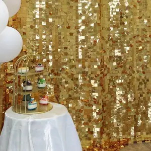 Gold Shimmer Wall Backdrop 6ft * 8ft 1 Panel, Square Sequin Backdrop Photobooth Props for Wedding, Anniversary, Birthday, Party Decorations