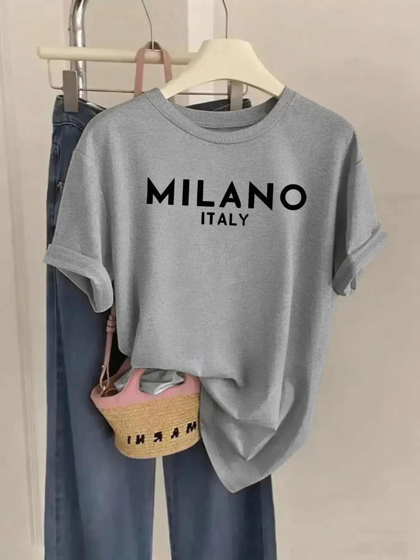 Women's Crew Neck Short Sleeve T Shirt with "MILANO ITALY" Italian Milan Style, Streetwear, Geometric, Minimalist Letter Graphic Print Relaxed Loose Fit Soft Breathable Cotton Blend Machine Washable No Shrink Fade Resistant for Everyday Casual Wear