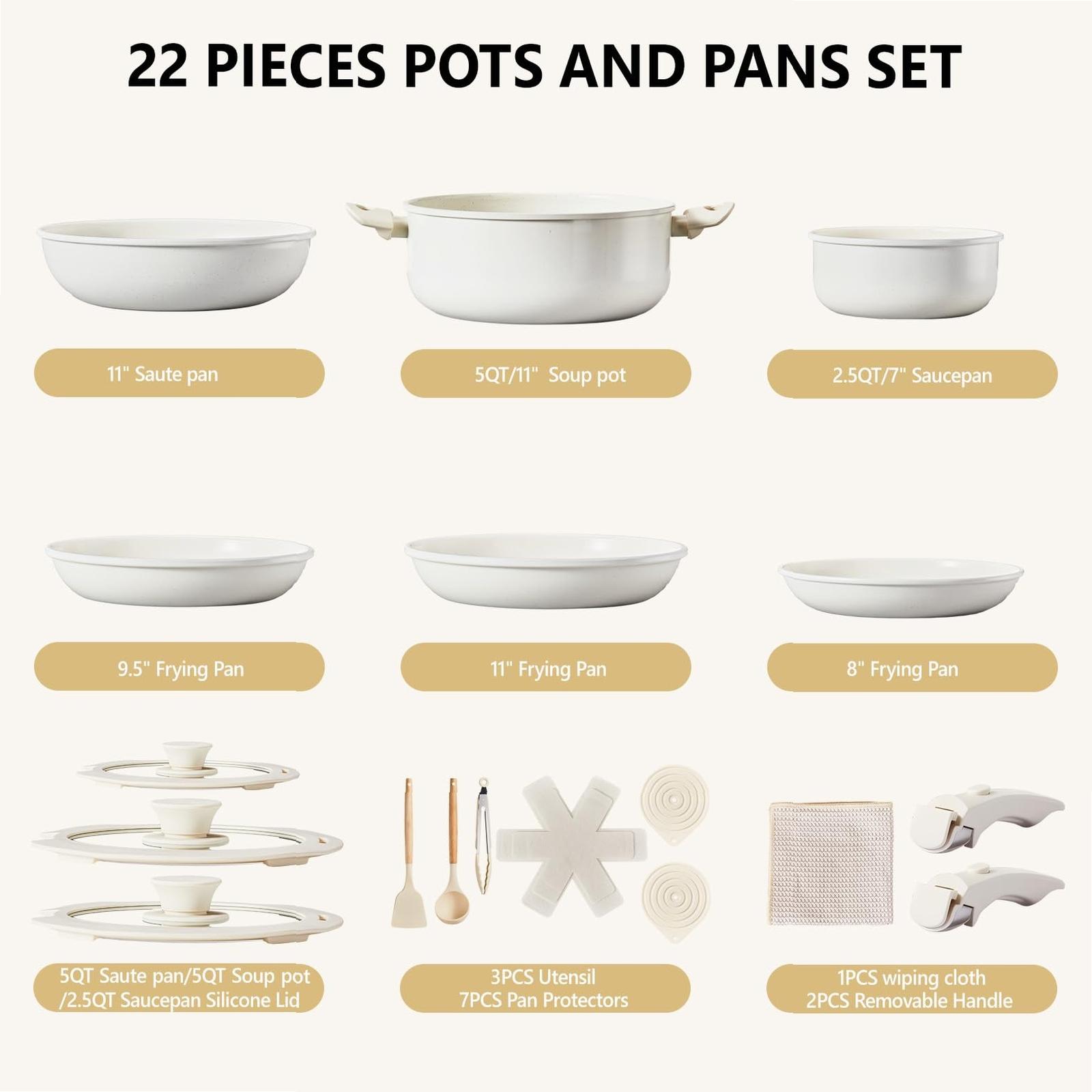 [FLASH SALE | ROVSUN ] 22 Pcs Nonstick Pots and Pans Set with Detachable Handles